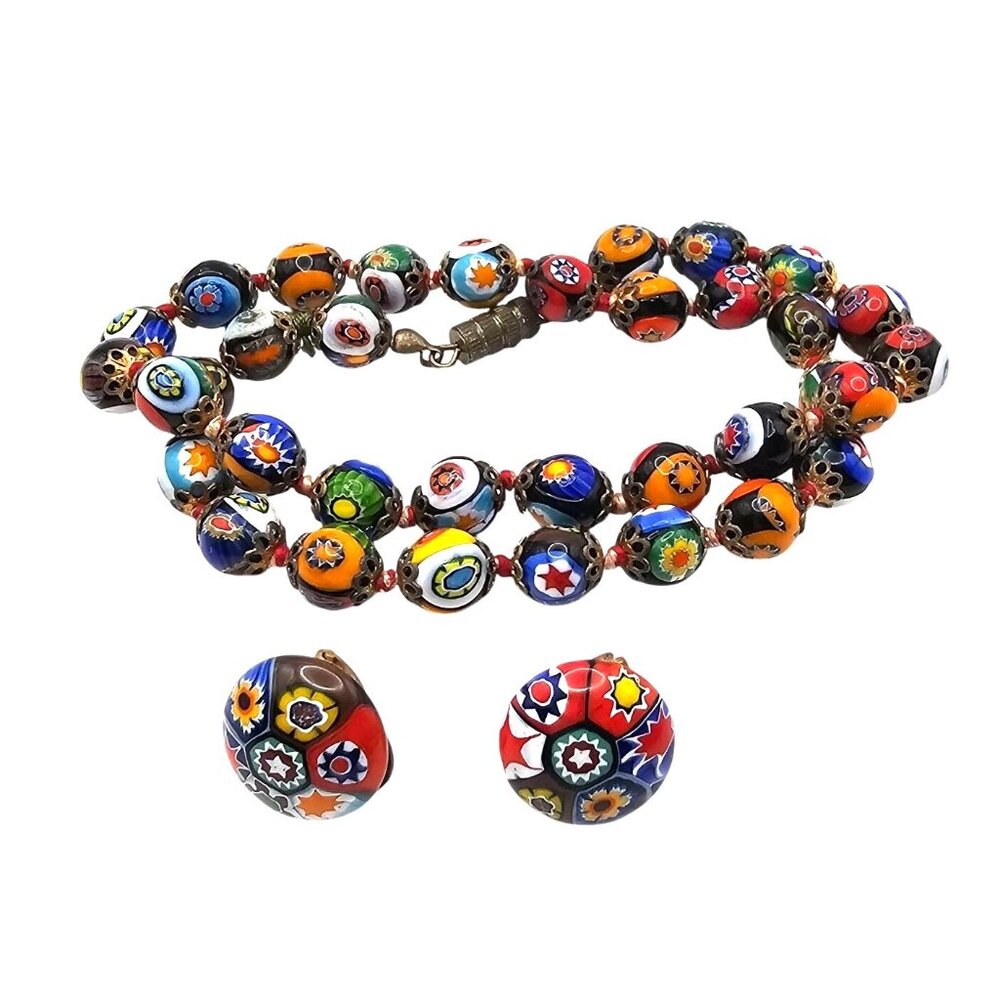 Vintage Venetian Murano Millefiori Glass Bead Necklace & Clip-On Earrings Set